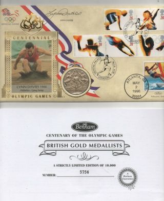 Benham 1996 Centennial Olympic Games Medal Cover Signed Lynn Davies
