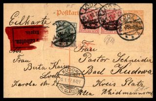 German Occupation Of Poland Lodz To Kudowa 1917 Express Uprated Stationery Card