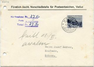 Liechtenstein,  Wwii Mail,  1944 Domestic " Nachnahme " Cover W/50rp Solo