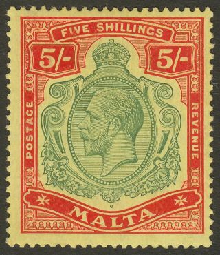 Malta 1917 Kgv 5sh Green And Red On Yellow Sg88 Cat £100