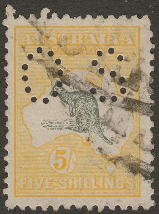 Australia 1918 Kgv Roo 5sh Grey,  Yellow Os Perf Wmk Narrow Crown Sg O50