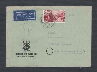 French Zone Germany Baden 1940s Airmail Cover Braunschweig To San Francisco Usa