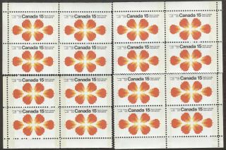Stamps Canada 541p,  15¢,  1971,  4 Plate Blocks Of 4 Mnh Stamps.