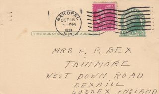 United States 1939 Mahopac - Bexhill Surrey Uk 1c,  2c Postcard Vgc