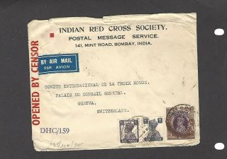 1940s Ww Ii Censored Indian Red Cross Society,  Bombay To Intl Red Cross,  Geneva