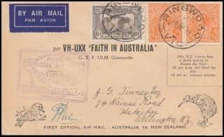 Australia Zealand 1934 First Airmail Flight Cover To Zealand Signed