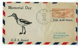 1938 Uss Avocet,  Pearl Harbor Hawaii,  Airmail With Memorial Day Bird Cachet
