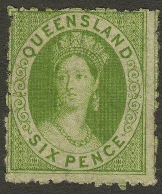 Queensland 1862 Qv Chalon 6d Yellow - Green? Rough Perf 13 Cat £170 As