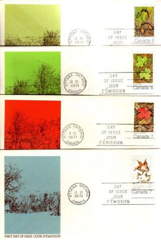 1971 535 - 8 Maple Leaves In Four Seasons Set Of 4 Fdc With Cp Cachet Unaddressed