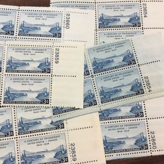 {bj Stamps} 961 Us - Canada Friendship.  25 3 Cent Plate Blocks.  Issued In 1948