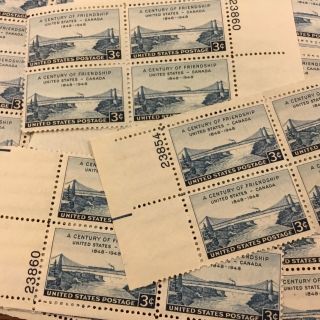 {BJ Stamps} 961 US - Canada Friendship.  25 3 cent Plate blocks.  Issued in 1948 3