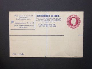 Gb Postal Stationery 1940 Kgvi 41/2d Puce Registered Envelope Size F H&b Rp48