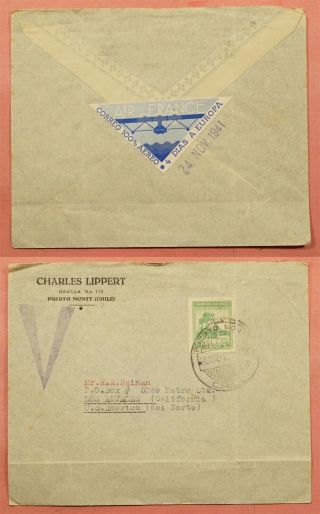 1941 Chile V For Victory Hand Stamp Puerto Montt Airmail To Usa