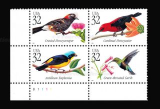 1998 Scott 3222 - 25,  Tropical Birds - Plate Block Of 4 - Vf - Mnh Og