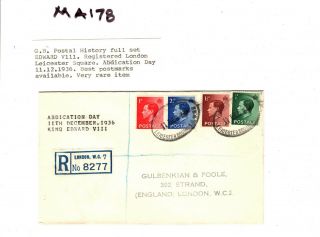 GB KEVIII Cover SET{4} FIRST DAY ABDICATION 11th December 1936 Registered MA178 5