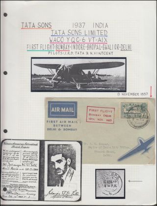 India 1937 Scarce Tata Flown Bombay - Delhi Flight Cover With Air India Letter.