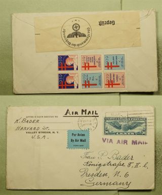 Dr Who 1939 Jamaica Ny Airmail To Germany Wwii Censored Christmas Seal E46506