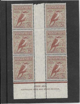 Australia 1932.  6d.  Kookaburra Mh/mnh John Ash Marginal Imprint Block Of 6 (688)