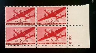 1941 Airmail Plate Block C25 Mnh Us Stamps 6c Transport Plane Vf