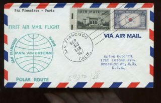 Us First Pan Am Polar Flight Cover 1957 San Francisco Franked With 921 Korea