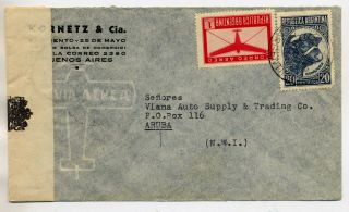 Argentina 1944 Very Fine Wwii Censored Airmail Cover Buenos Aires To Aruba