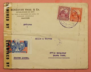 Venezuela Tied Patriotic Label 1940s Caracas Airmail To Usa Wwii Censored