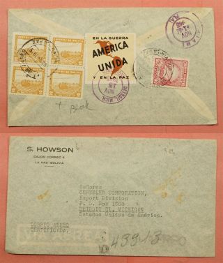Bolivia Tied Patriotic Label 1945 La Paz Airmail To Usa
