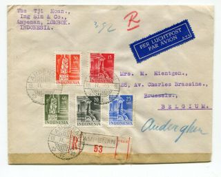 Indonesia 1949 Ampenan - Registered Airmail Cover To Belgium - Tape On Bottom