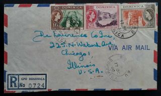Scarce 1960 Dominica Airmail Cover Ties 3 Stamps Canc Roseau To Chicago Usa