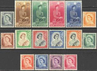1953 - 7 Zealand 288 - 301 Complete Hinged Set Of 16 Queen Elizabeth Ii