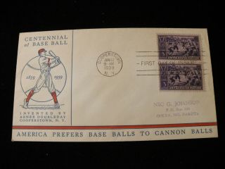 1939 Fdc Baseball Centennial 855 Linprint 61 Red & Blue Cachet