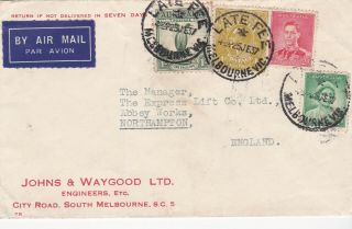 1937 Gvi Australia Air Mail Cover To England With Late Fee Cancels 2 87
