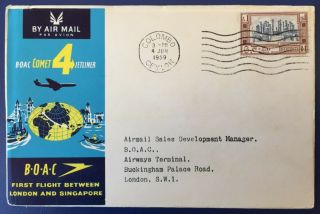 1959 Boac First Flight London To Singapore Air Mail Cover Ceylon To London
