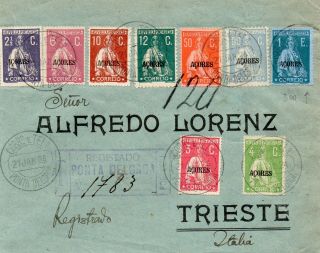Portuguese Colonies Acores 1924 Registered Cover From Ponta Delgada To Trieste