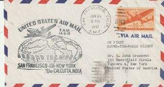 US 1947 PAN AM FAM 14 &18 FIRST FLIGHT FLOWN COVER SAN FRANCISCO CALCUTTA INDIAa 2