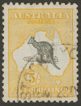 Australia 1918 Kgv Roo 5sh Grey And Yellow Wmk Narrow Crown Sg42 Cat £110