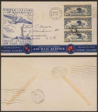 Usa 1939 - 1st Flight Air Mail Cover Usa Marseille France 30521/2