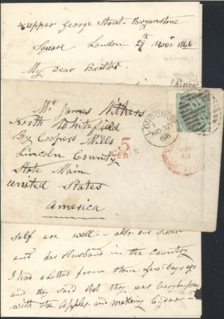 1866 Cover W/letter,  London England To Maine Usa,  One Shilling Postage