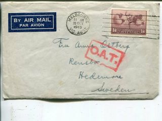 Australia Oat Red 32x17mm On Cover To Sweden 20.  10.  1945