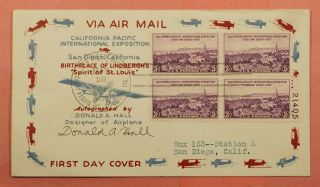 1935 Fdc 773 Donald Hall Signed Ca Pacific Intl Expo San Diego Lindbergh Plane