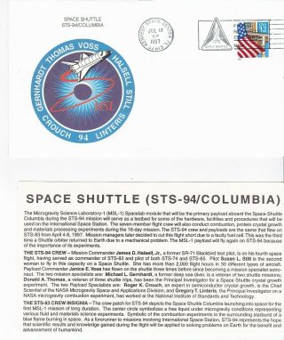 Sts - 94 Columbia Kennedy Space Center Florida July 17 1997 With Insert Card