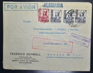 Spain Isle Tenerife To Germany 1937 Rare Civil War Airmail Cover To. ,  Espana