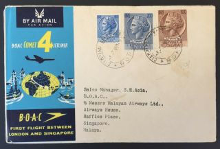 1959 Boac First Flight London To Singapore Air Mail Cover Roma Italy To Malaya