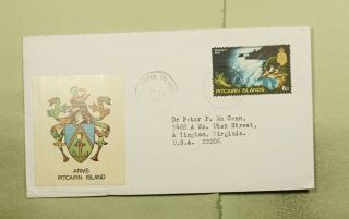 Dr Who 1974? Pitcairn Islands Coat Of Arms Label To Usa Plus Letter E40637