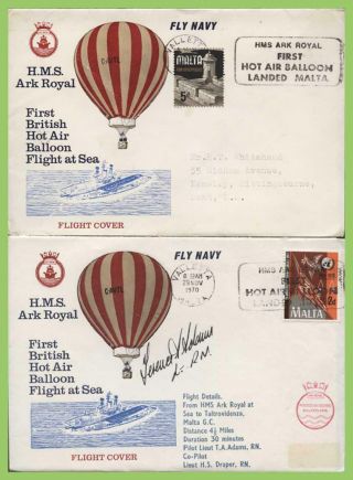 Malta 1970 First Hot Air Balloon Flight At Sea From Hms Ark Royal Covers