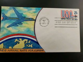 C81 1971 Rate Airmail Us Fdc Dyer Hand Painted Cachet