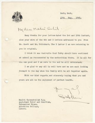 1942 Bahawalpur Nawab Letter To His Tutor With Signature In English
