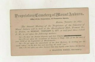 Mount Auburn Cemetery,  Cambridge Mass.  1877,  Printed Postal Notice,  Annual Meeting
