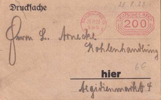 Germany Inflation 12 Aug 1923 200m Metered Postcard Last Day Of Rate