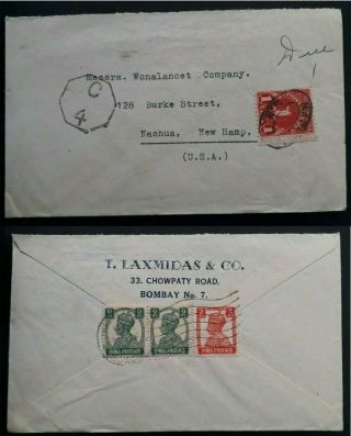 Scarce C.  1941 India Cover Ties 3 Kgvi Stamps Taxed W Postage Due To Usa